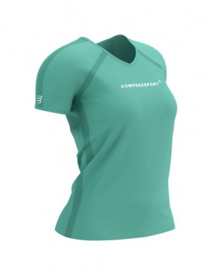 Camisas De Corrida Compressport Treino SS Logo Tshirt W Feminino Azuis | 47601SOQI