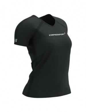 Camisas De Corrida Compressport Treino SS Logo Tshirt W Feminino Pretas | 97123QJTR