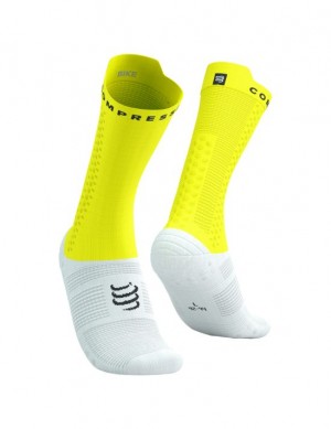 Meias Compressport Pro Racing Socks v4.0 Bike Branco Amarelas | 51432SRGM