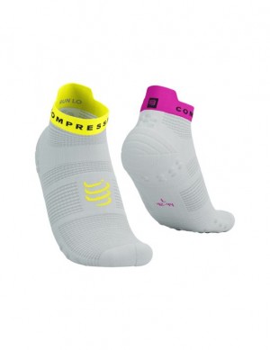 Meias de Corrida Compressport Pro Racing Socks v4.0 Run Low Masculino Branco Amarelas Rosa | 01964CMET