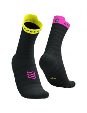 Meias de Corrida Compressport Pro Racing Socks v4.0 Ultralight Run High Masculino Pretas Amarelas Rosa | 43291NTYZ