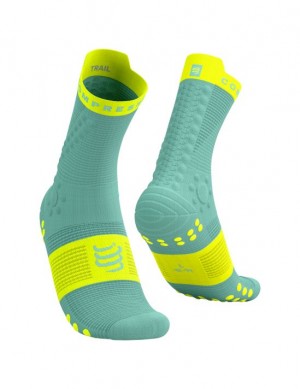 Meias de Corrida Compressport Pro Racing Socks v4.0 Trilha Masculino Azuis Amarelas | 54618GJPE