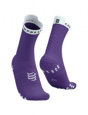 Meias de Corrida Compressport Pro Racing Socks v4.0 Run High Masculino Roxo Branco | 84591IMTS