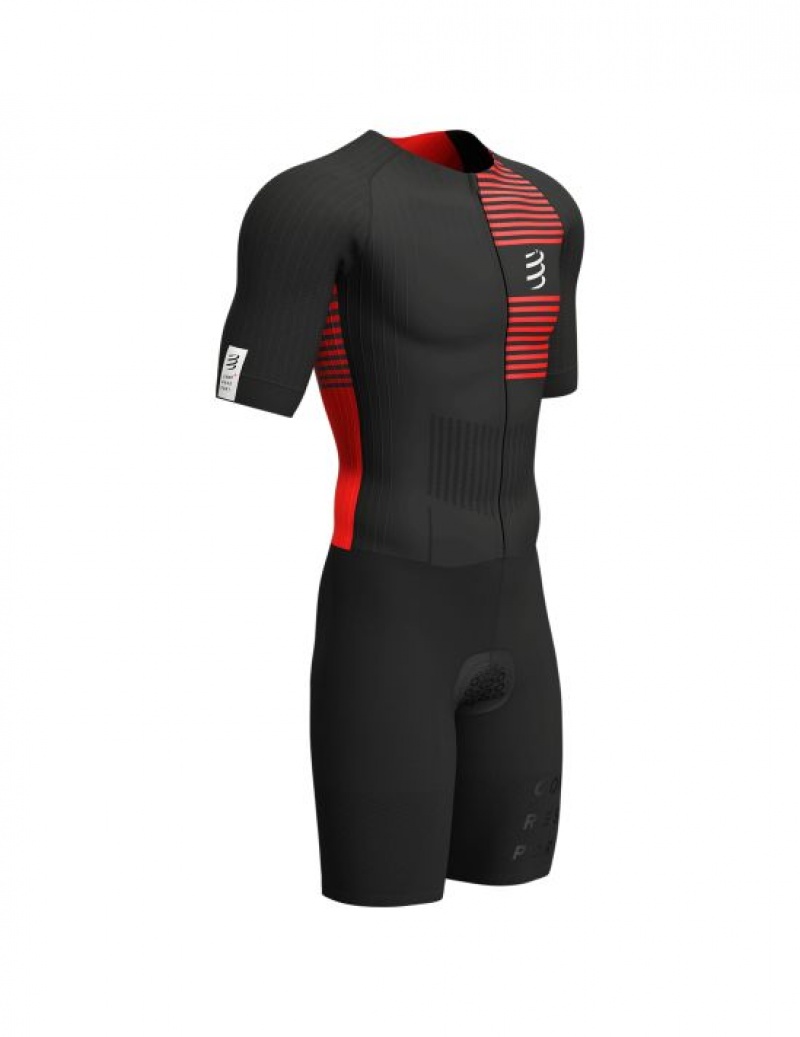 Camiseta Compressport Aero SS Trisuit M Masculino Pretas Vermelhas | 26810CTGP