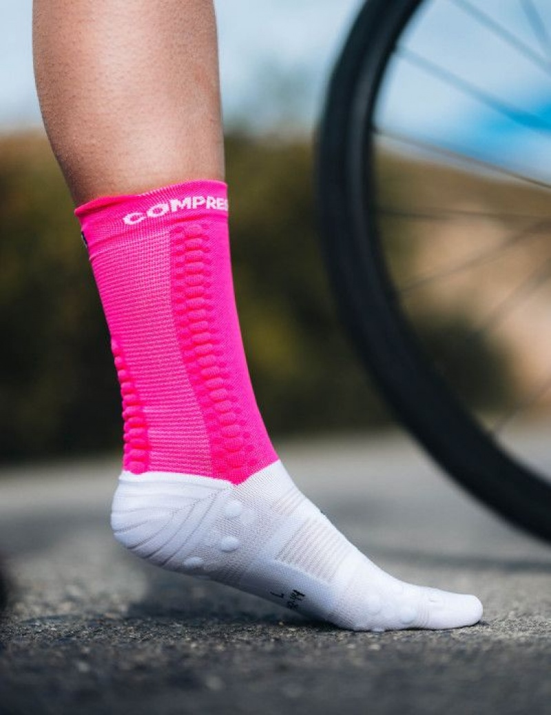 Meias Compressport Pro Racing Socks v4.0 Bike Branco Rosa | 98160KDZB